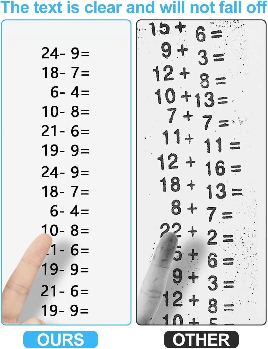 A hand is pressing a roller stamp onto a sheet of paper showing various addition and subtraction math problems.