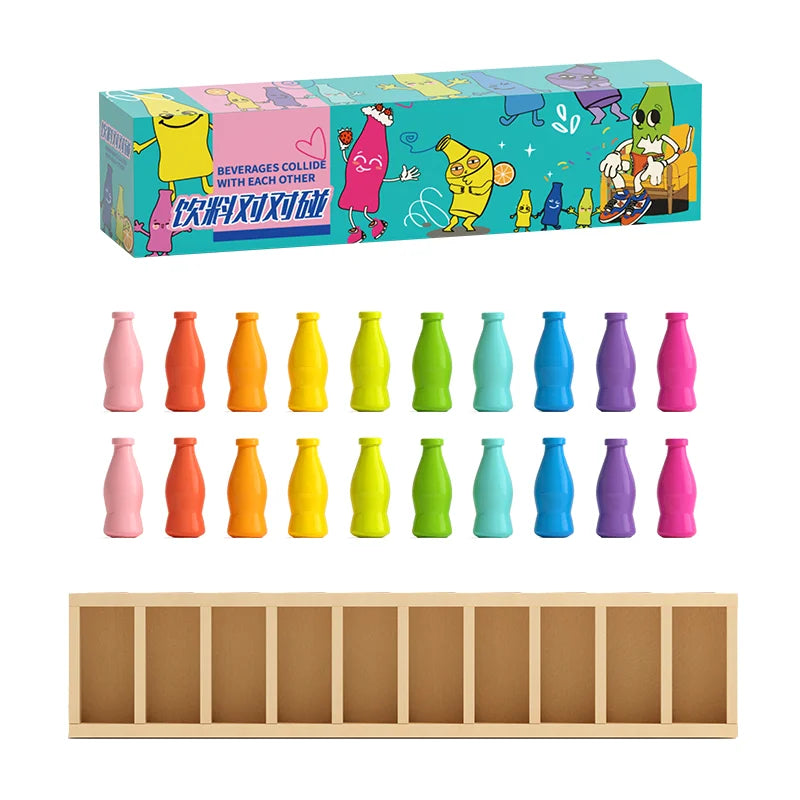 A box of colorful glass bottles with characters, and a set of matching colored glass bottles.