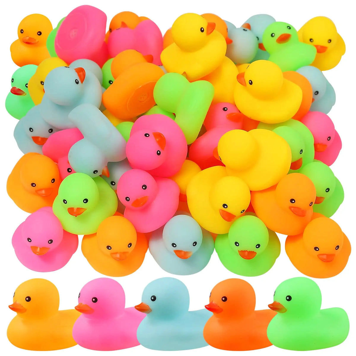 Assorted mini silicone rubber ducks in various bright colors for bath and play
