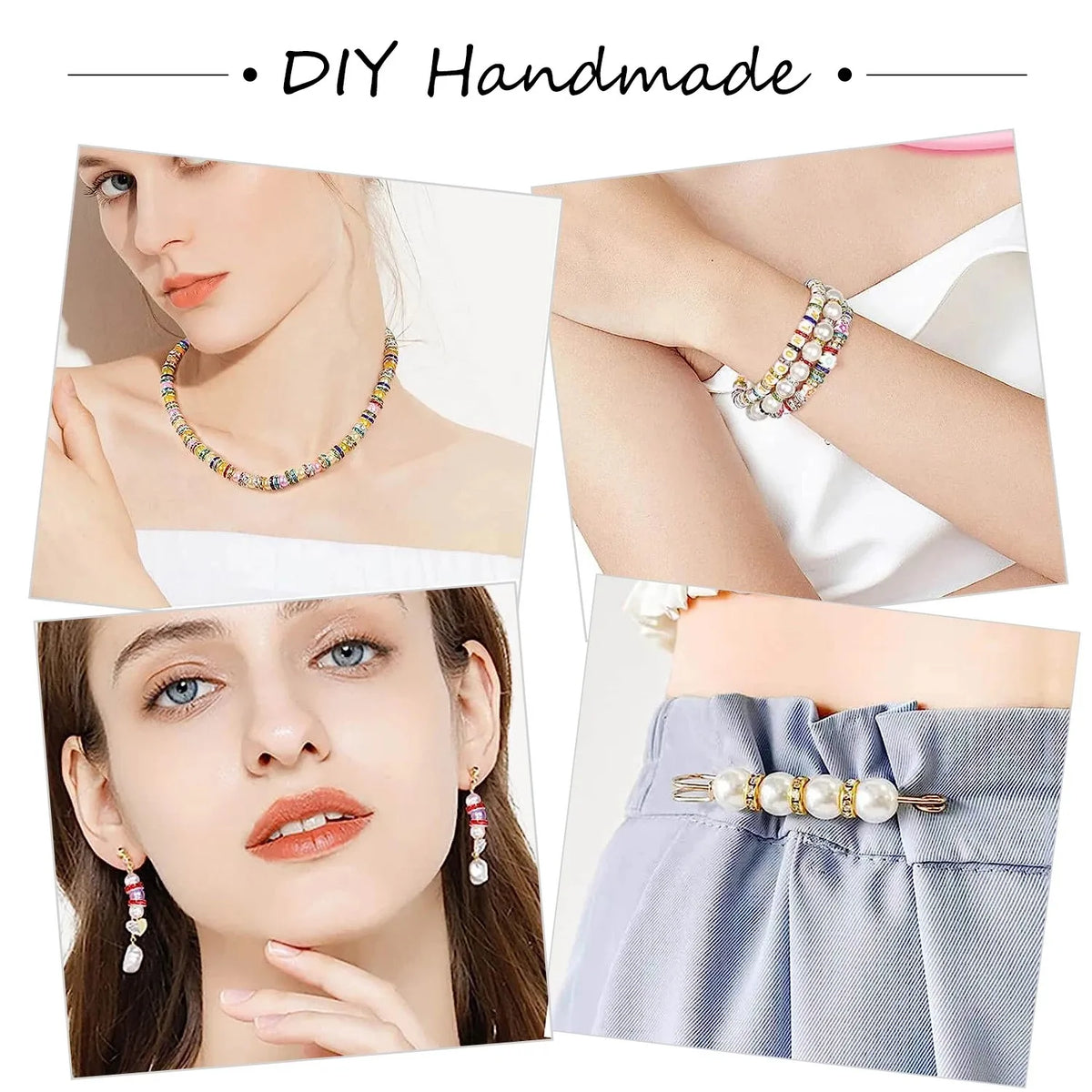 Close-up of hands and jewelry featuring 12mm crystal rhinestone spacer beads used for making necklaces and bracelets.