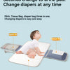 A baby is shown using a portable waterproof changing mat with integrated tissue bag and urine pad.