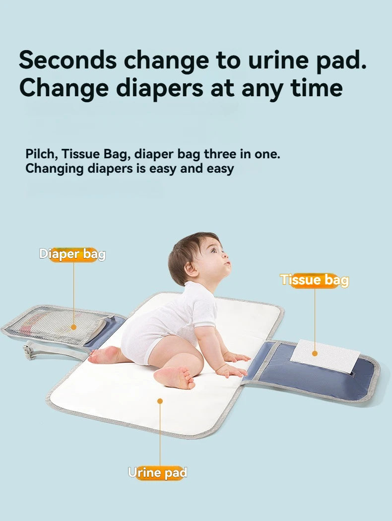 A baby is shown using a portable waterproof changing mat with integrated tissue bag and urine pad.
