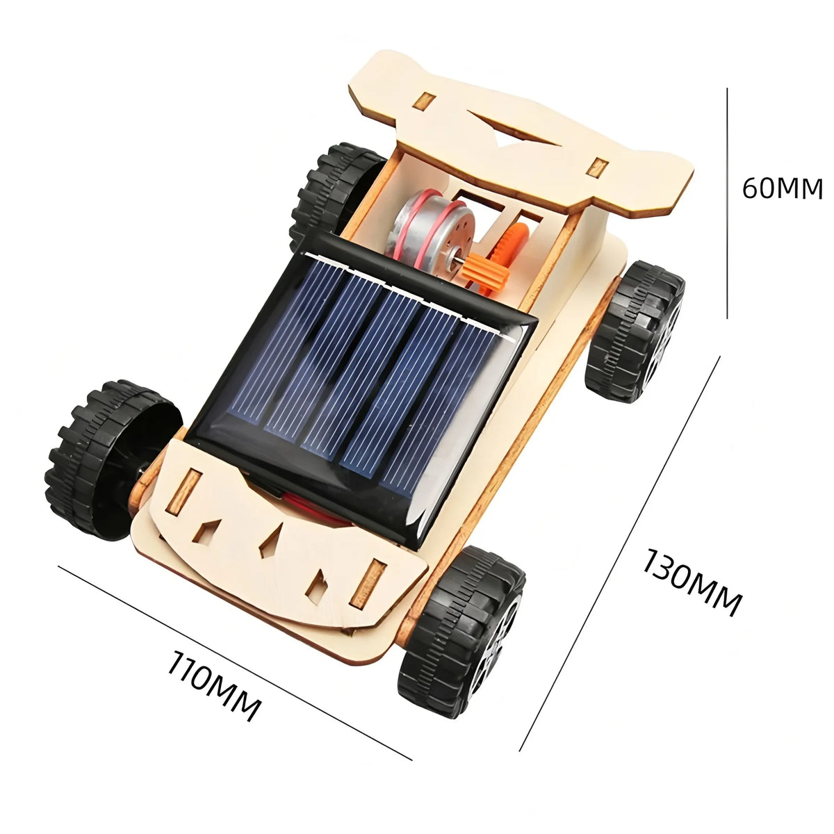 A wooden model kit of a solar-powered lunar rover featuring wheels and a solar panel.