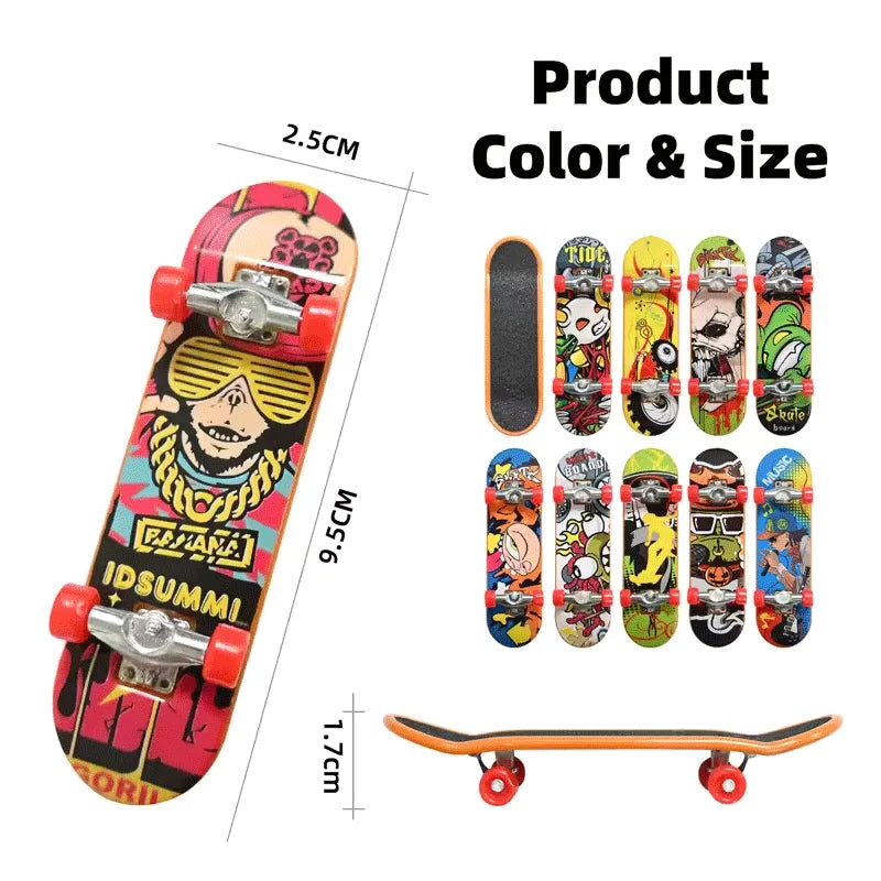 A red and black mini finger skateboard is shown alongside its components and a full board view.