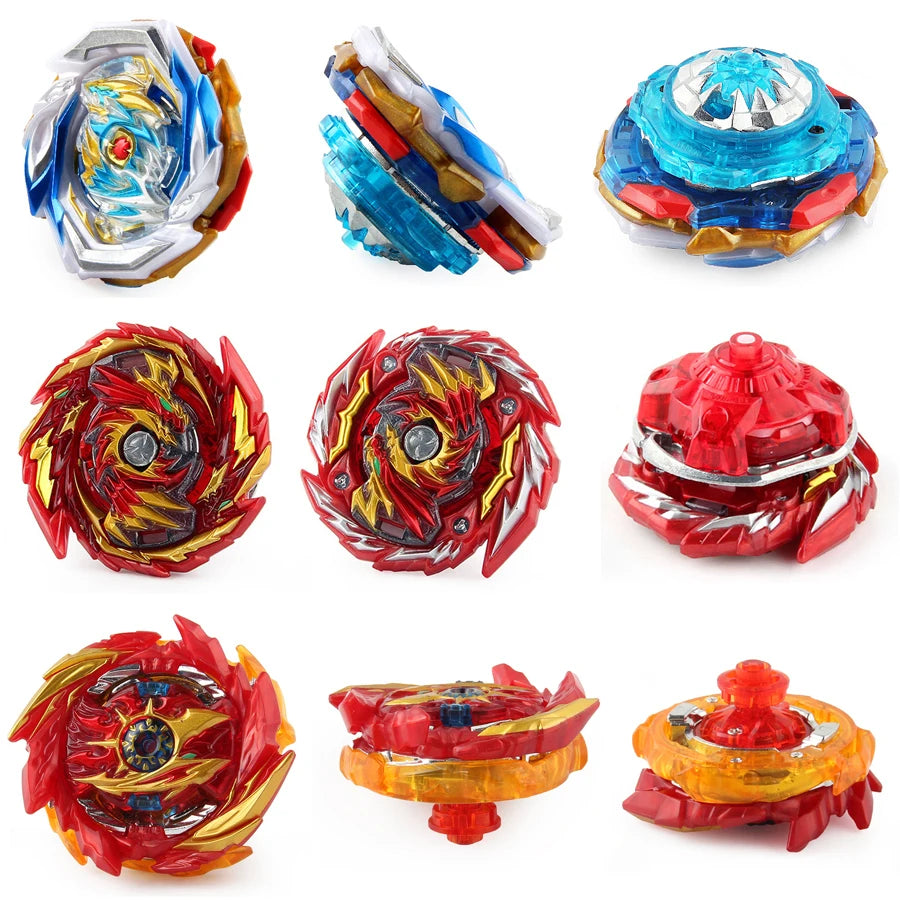 A set of metal spinning tops in various colors including blue, red, and gold, shown from different angles.