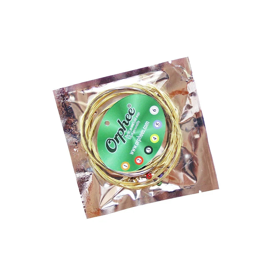 A package containing a set of Orphee acoustic guitar strings in bronze color.