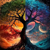 A striking silhouette of a tree split vertically, featuring vibrant sunset and twilight colors.