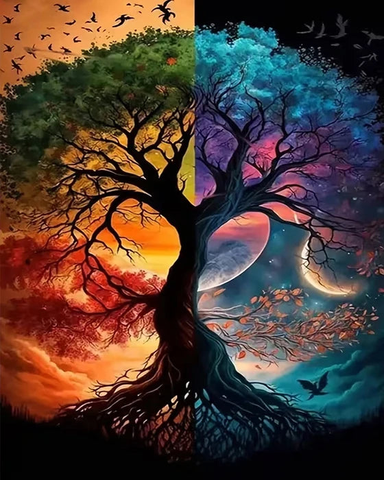 A striking silhouette of a tree split vertically, featuring vibrant sunset and twilight colors.