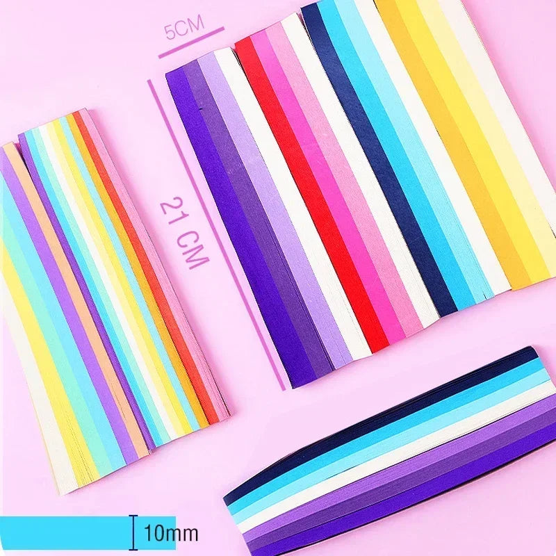 A collection of colorful paper strips for crafting and decorating, showing various stripes and colors.