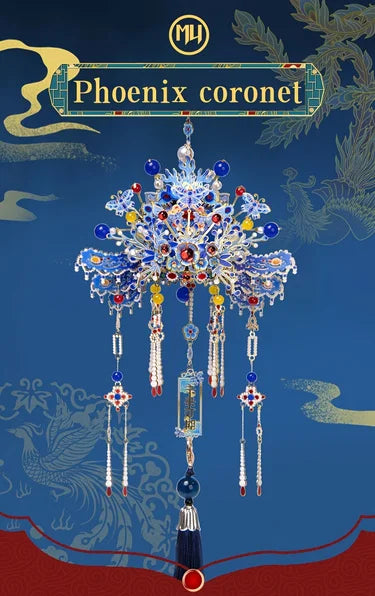 A detailed, ornate Phoenix coronet model kit featuring blue and silver metalwork, displayed against a dark blue background.