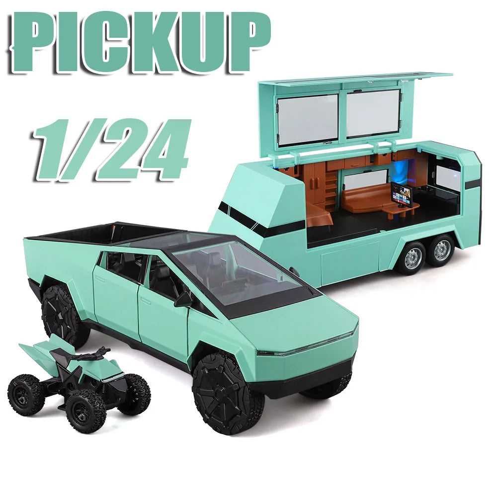 1:24 Modell eines türkisfarbenen Pickups und seines Begleit-Robotaxi-Anhänger-Roboter.