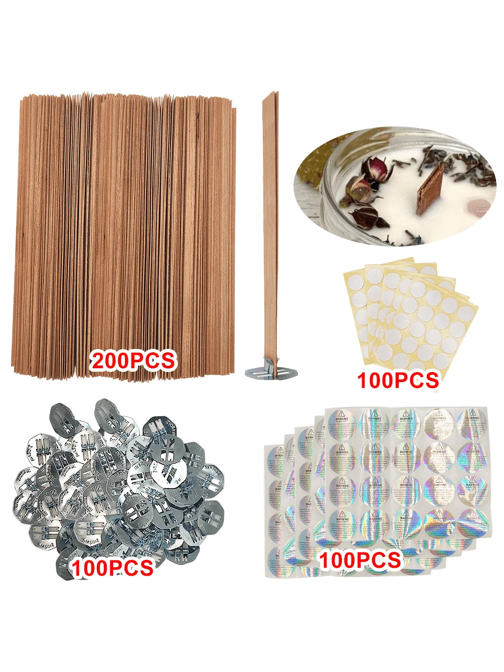 Set of cherry wood candle wicks with iron brackets and glue dots including 200 pieces of wicks, 100 pieces of wax, and 100 pi