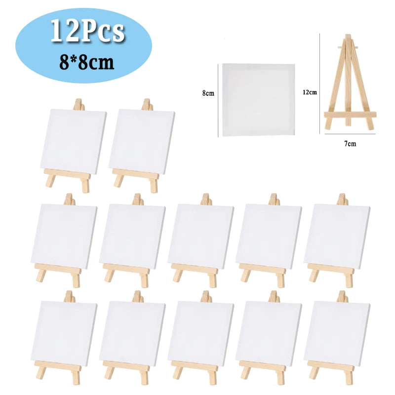 A set of twelve mini wooden easels with white canvases for kids art projects