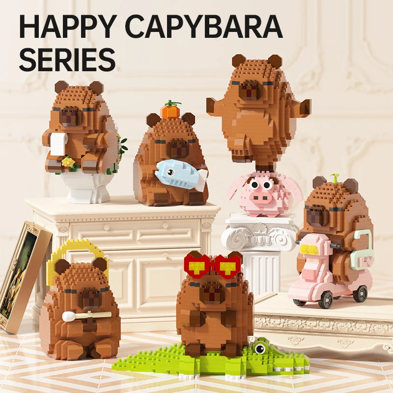 A collection of brown and pink capybara-themed building blocks and DIY models.