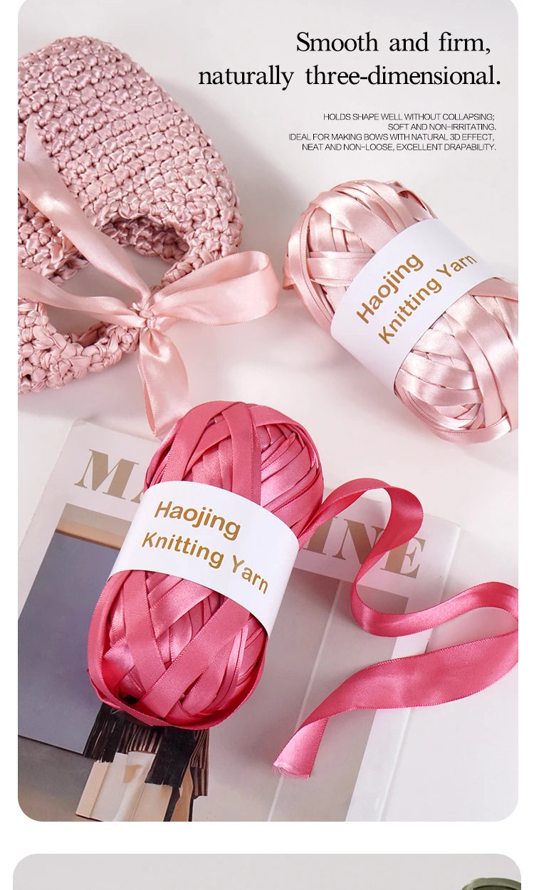 A set of nine-color satin ribbon yarn for hand weaving and bag making shown with finished ribbons.