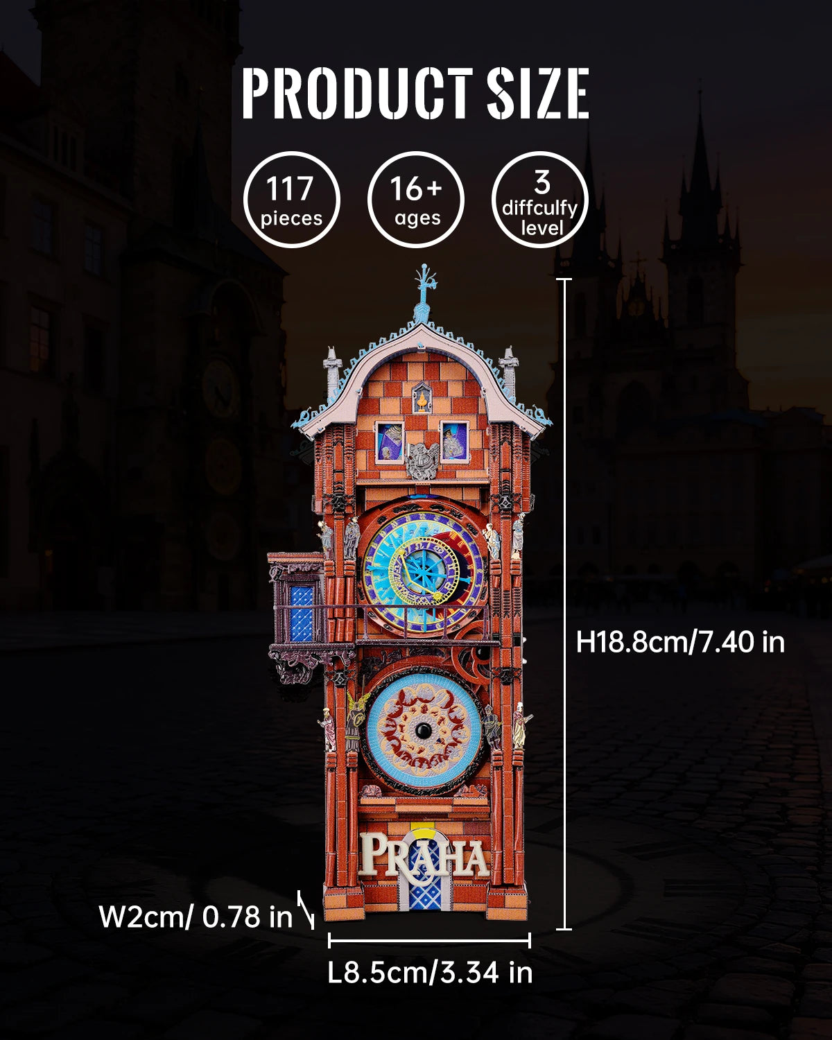A detailed 3D metal puzzle kit of a Prague astronomical clock model displayed against an architectural background.