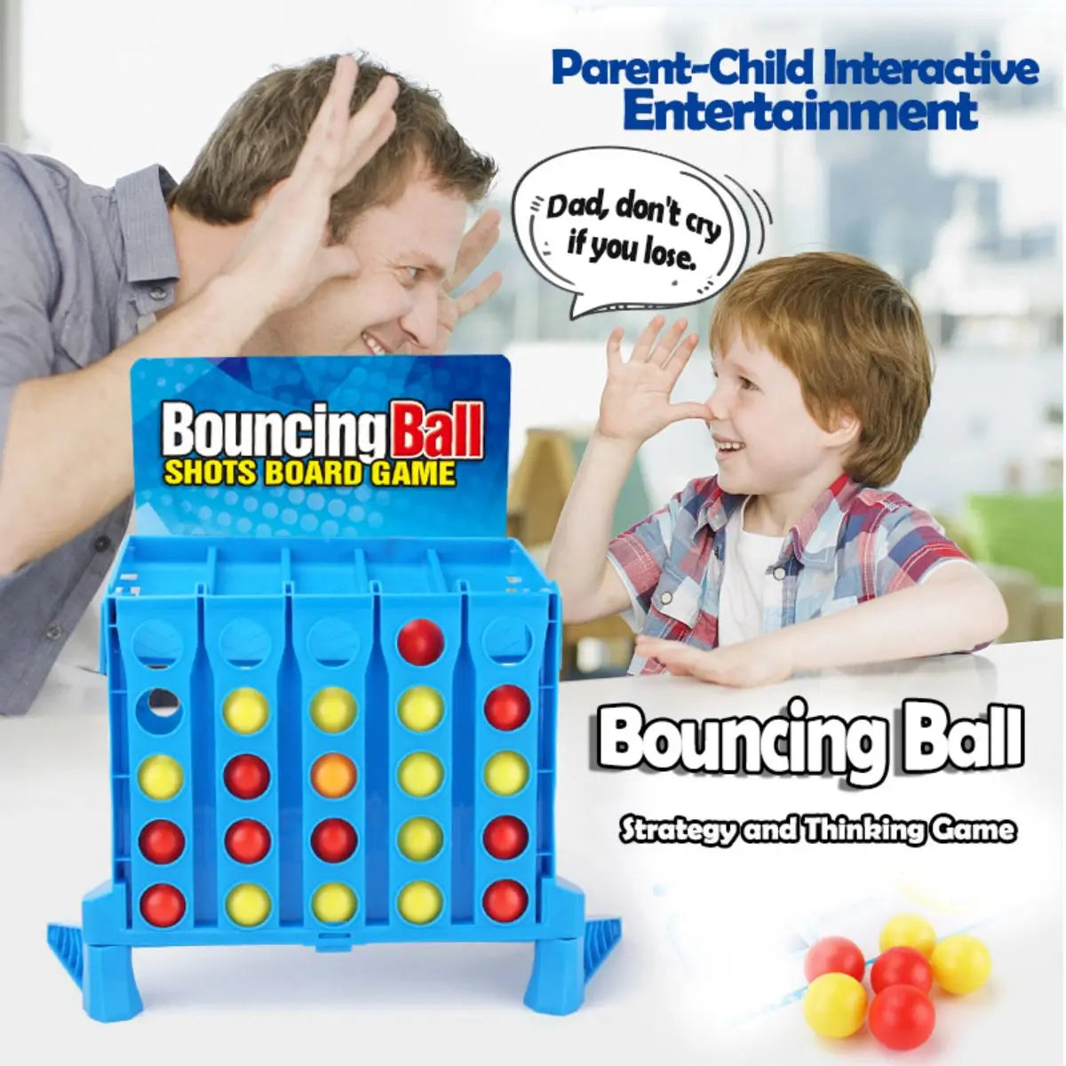 A blue bouncing ball shots board game is shown with a father and child playing, demonstrating strategy and thinking.
