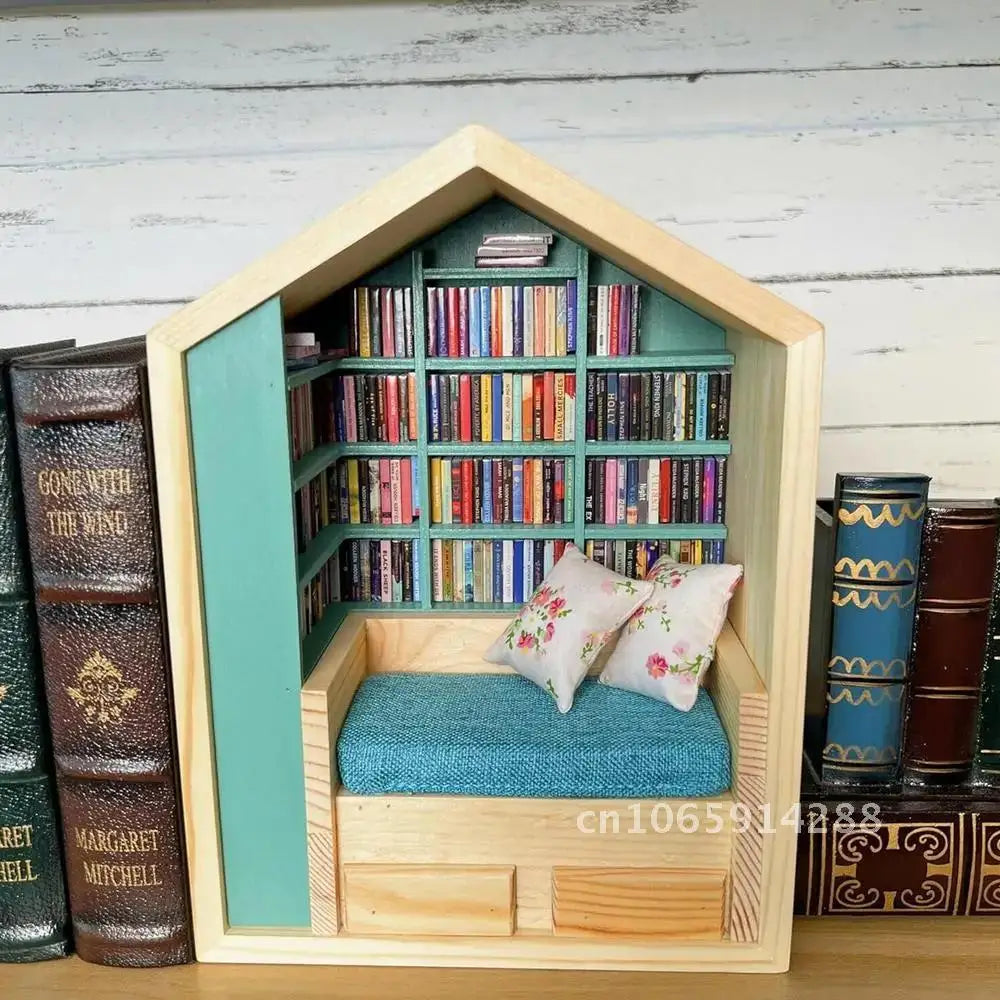 A wooden miniature bookshelf decor set featuring a collection of colorful books and a teal accent.