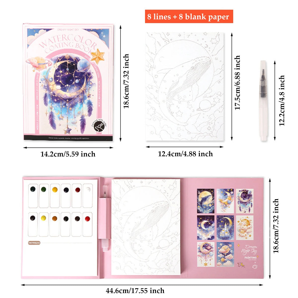 A pink watercolor coloring book featuring line art and blank pages for children.