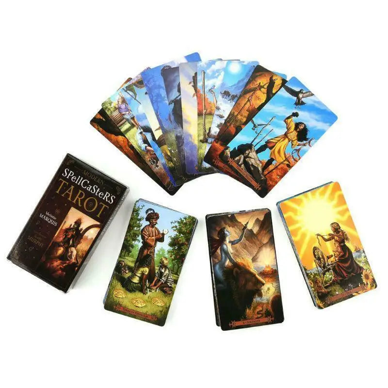 A deck of Modern Spellcaster's Tarot cards showing various mystical figures and scenes.