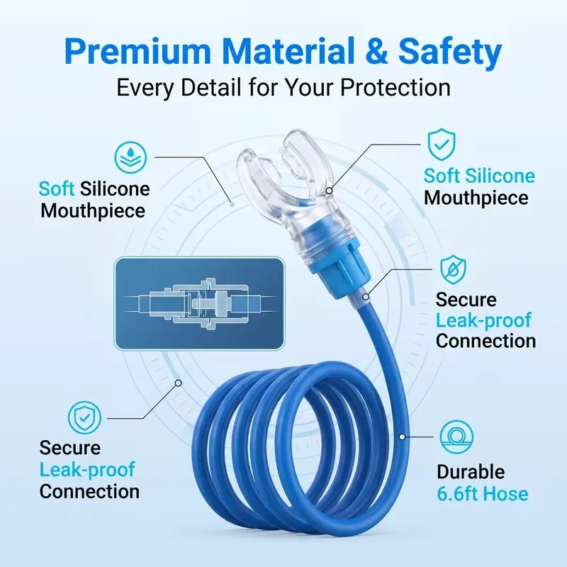 Blue silicone double head snorkel tube with a secure leak-proof connection and durable hose