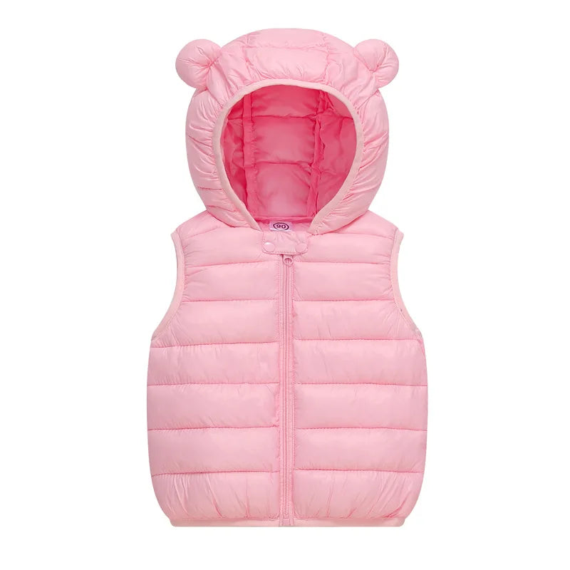 Pink quilted hooded vest for kids designed for autumn and winter