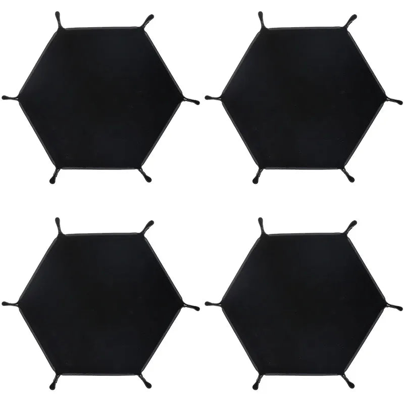 Black foldable PU leather hexagonal dice tray for tabletop games and desk organization