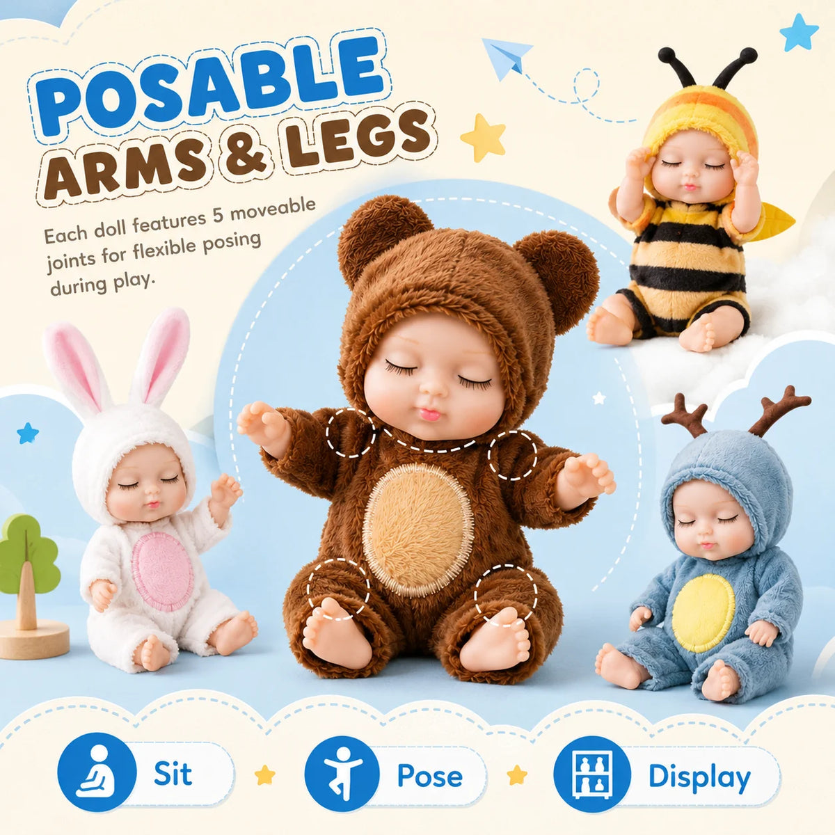 A set of adorable animal-themed mini reborn baby dolls featuring poseable arms and legs for play.