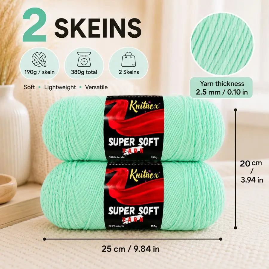 Two skeins of super soft light mint green acrylic yarn for knitting and crochet projects