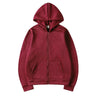 A maroon oversized zip-up hoodie with a hood and front pocket.