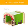 A 1PC dual channel tunnel made of wood with colorful terrain details for train track models.