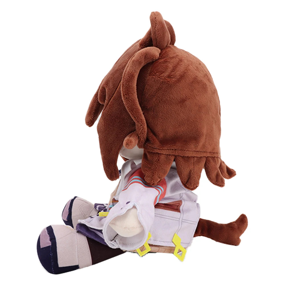 A brown Uma Musume Pretty Derby Agnes Tachyon plush doll with a white and striped outfit.