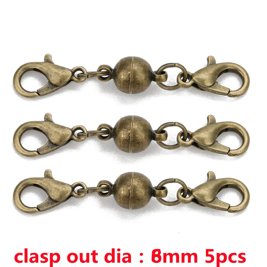 Five brass magnetic clasps for jewelry making, featuring strong metal connectors.