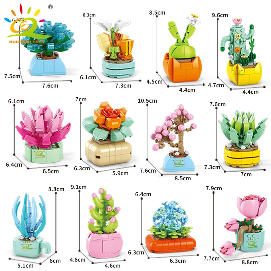 A collection of colorful DIY flower and succulent building blocks in various sizes and colors for desktop decor.