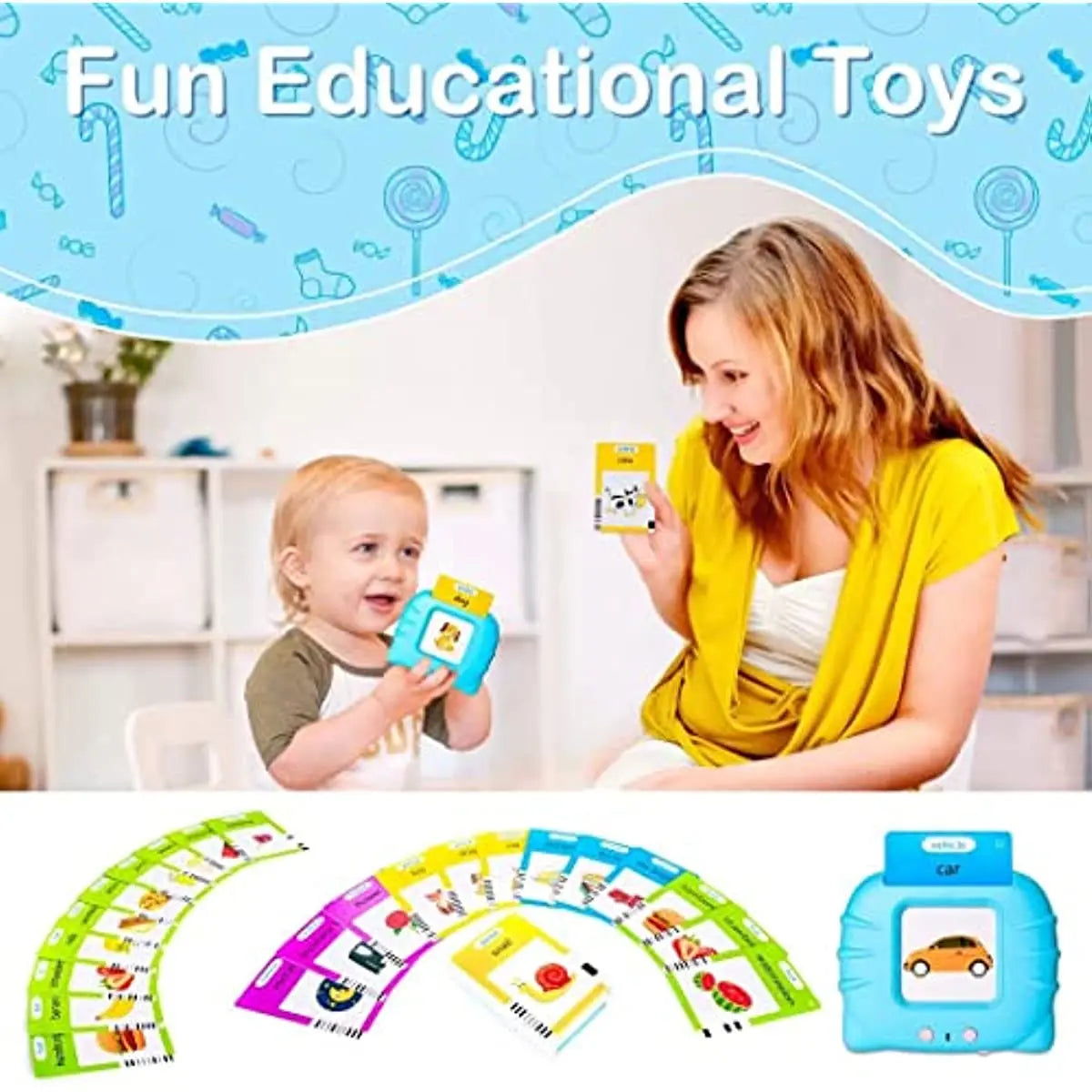 A woman is showing a talking flash card educational toy to a toddler, with various colorful cards displayed below.