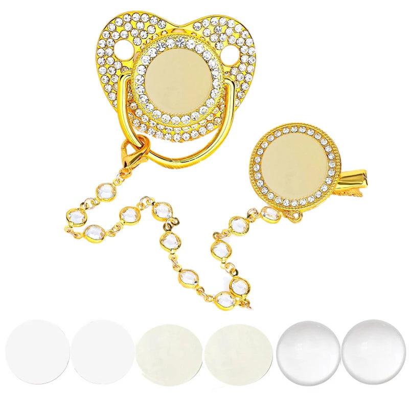 Gold baby pacifier and clip set with rhinestone accents