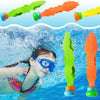 Colorful shark rocket pool diving toys for kids floating in blue water.