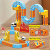 A magnetic 3D cube train set featuring flexible blue and yellow tracks and orange cubes, shown in various configurations.