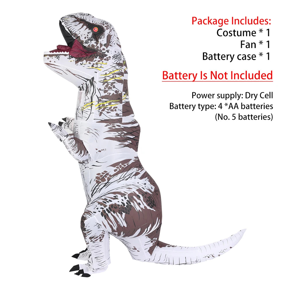 A white and brown inflatable T-Rex costume for adults standing upright.