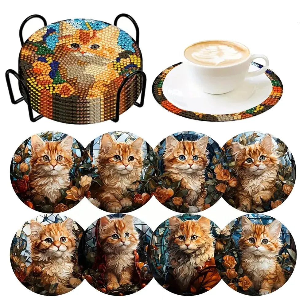 A set of DIY diamond art coasters featuring cats in various poses and colors, displayed with a metal holder.