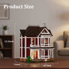 A detailed model kit of a red and white house, resembling Halliwell Manor, shown with dimensions.
