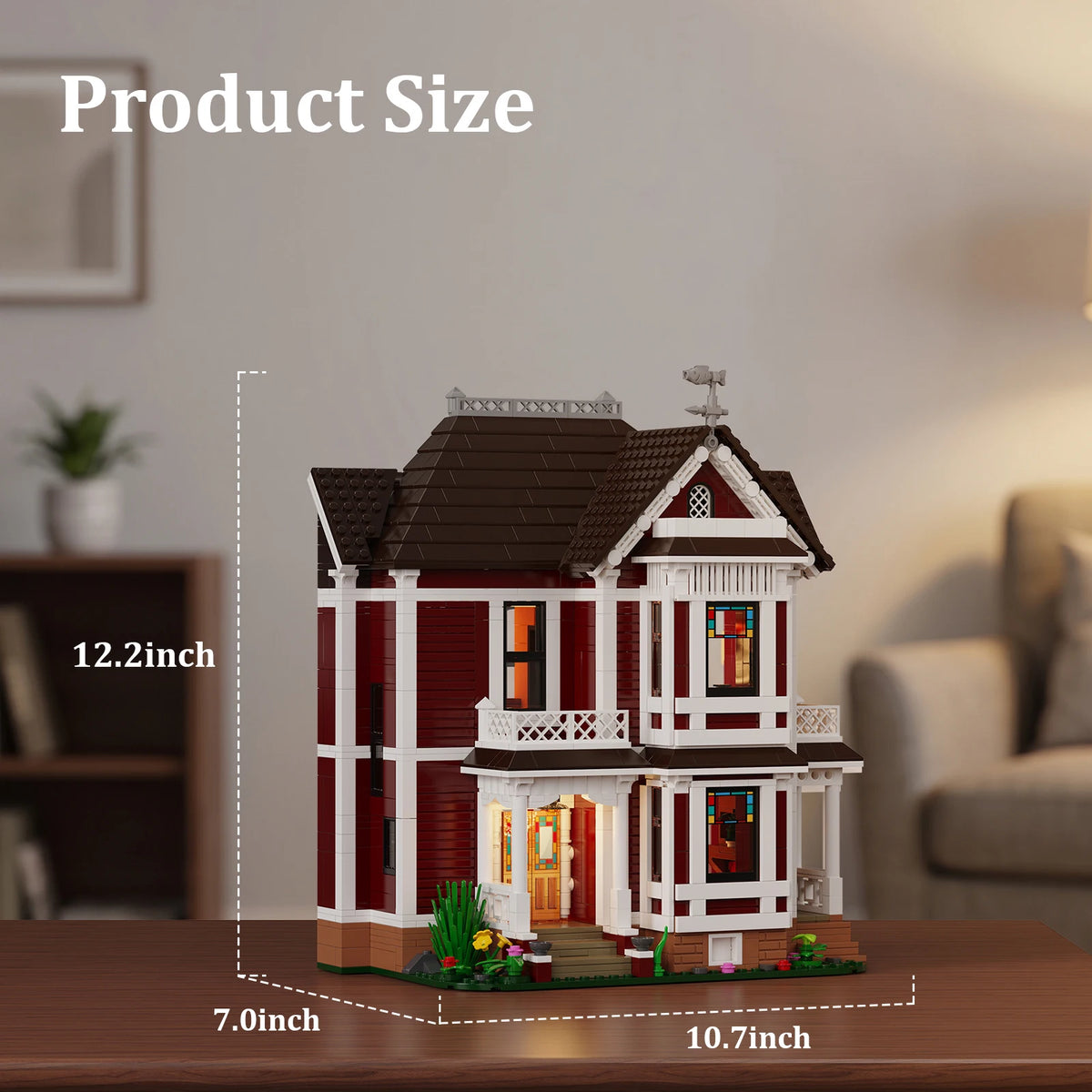 A detailed model kit of a red and white house, resembling Halliwell Manor, shown with dimensions.