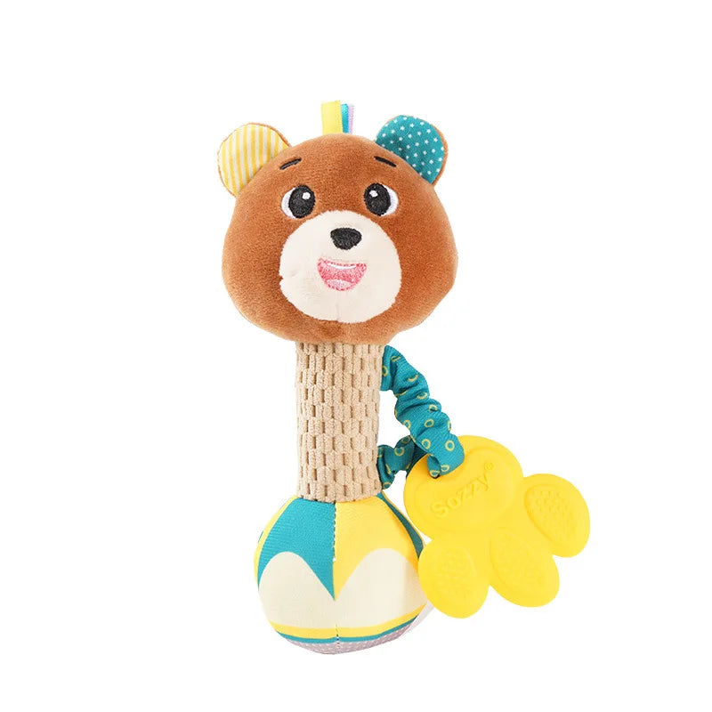 A soft plush baby rattle toy set featuring a brown bear head, yellow and blue accents, and a crinkle and squeak sound mechani