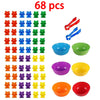 A set of 68 counting bears with sorting cups and tweezers for Montessori color and number learning.