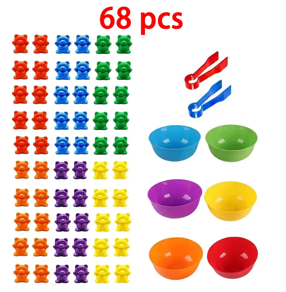 A set of 68 counting bears with sorting cups and tweezers for Montessori color and number learning.