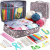 A complete 59-piece crochet kit for beginners with various yarn, needles, and accessories stored in a gray box.