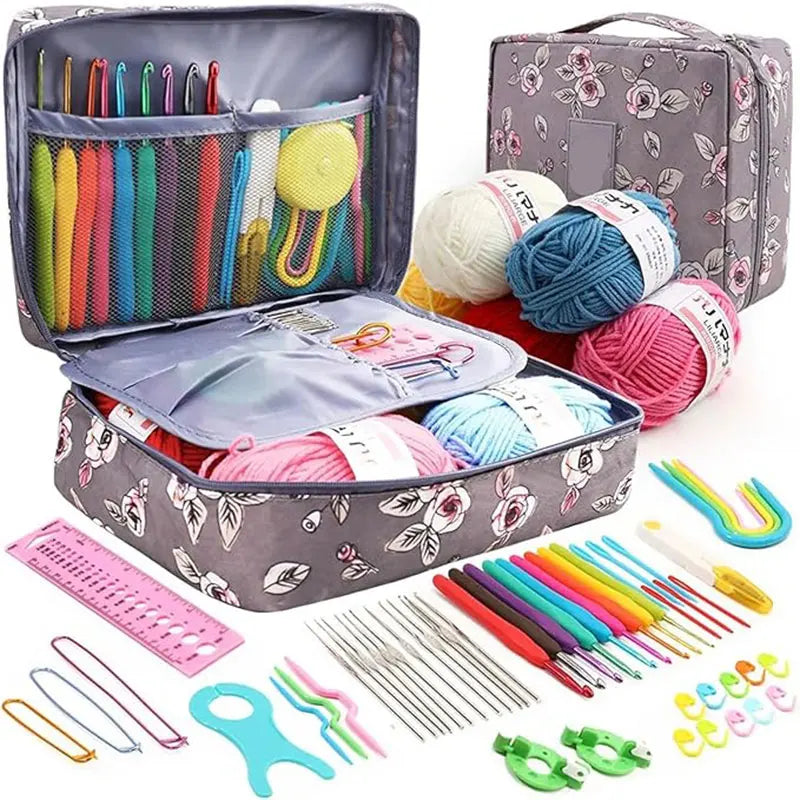 A complete 59-piece crochet kit for beginners with various yarn, needles, and accessories stored in a gray box.
