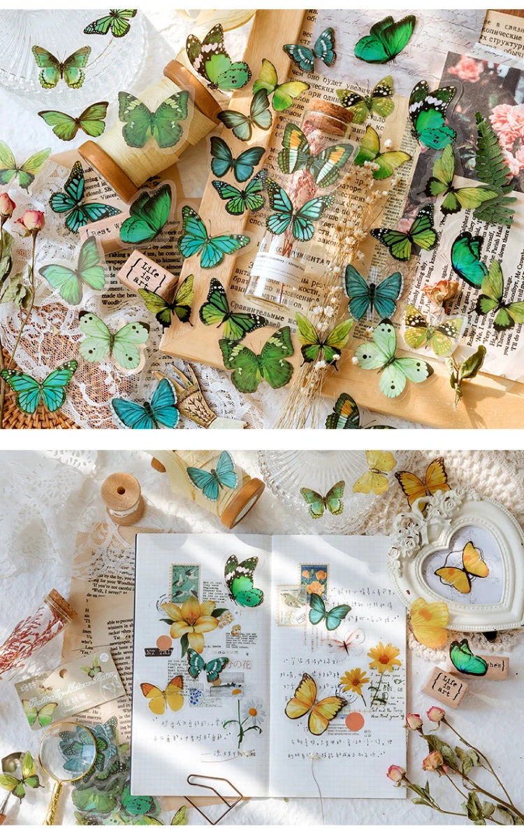 A collection of colorful butterfly stickers, including green, blue, and yellow varieties, arranged on aged paper and natural 