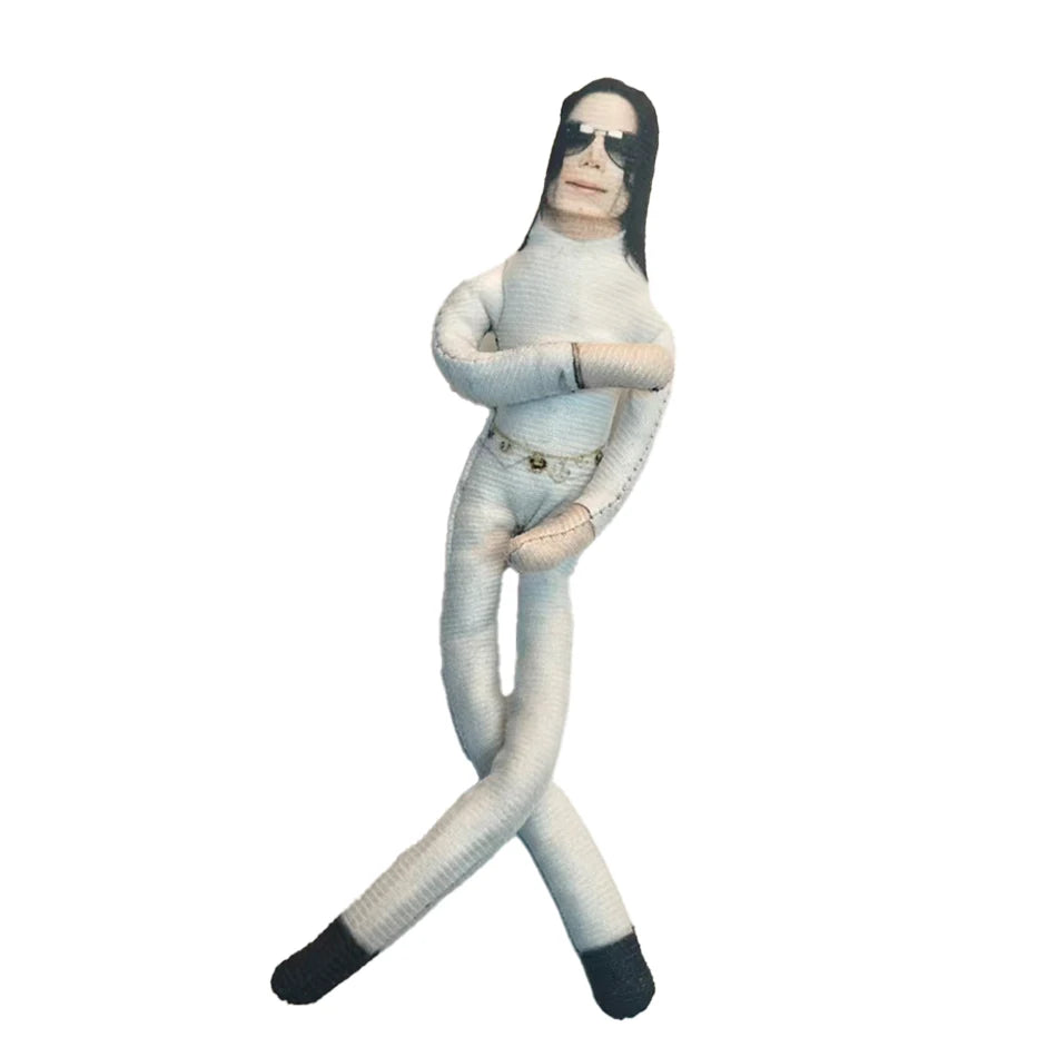A plush doll resembling Michael Jackson with bendable limbs and sunglasses.