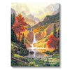 A vibrant forest landscape painting featuring autumn colors and a waterfall in a mountain valley.